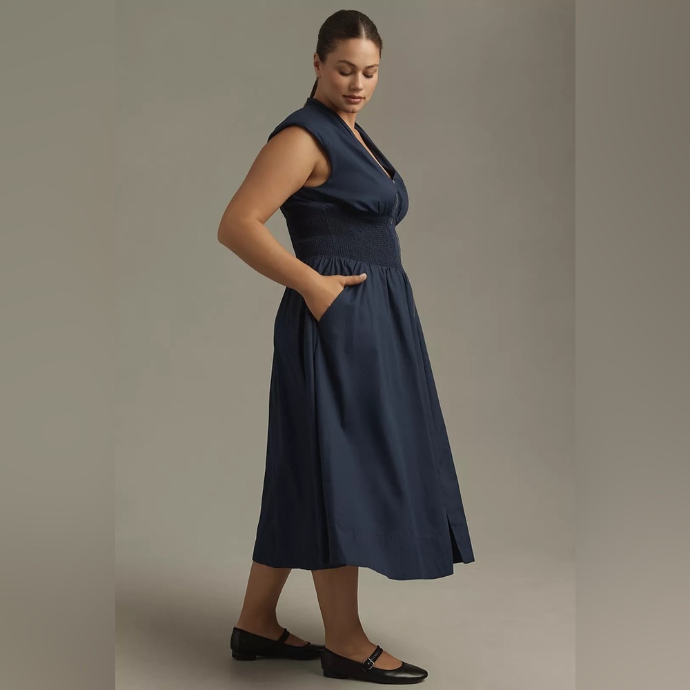 Anthropologie The Tommie Cap-Sleeve Smocked Front-Zip Shirt Midi Dress - Picture 4 of 5